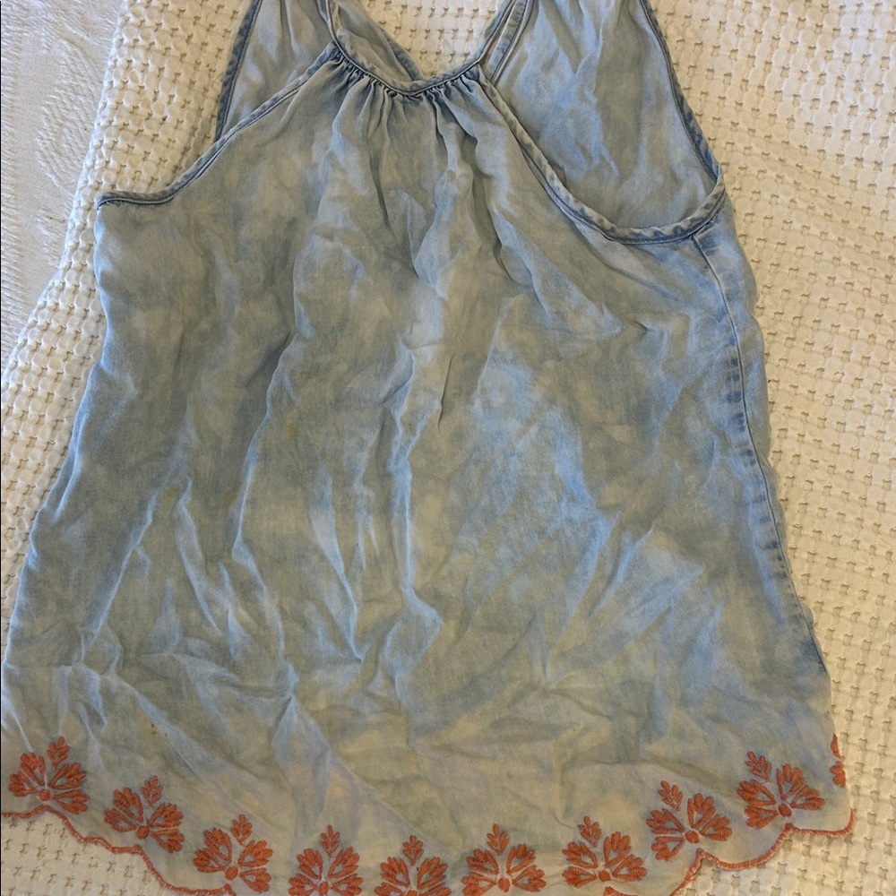 Love Fire Light Blue Tank Top with Orange Embroidered Hem